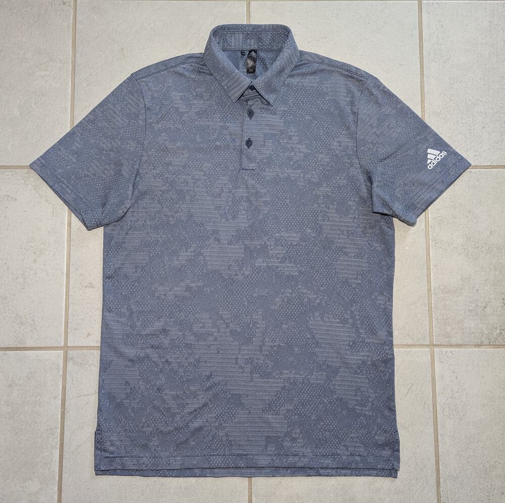 Adidas Men's Small Polo Golf Shirt Textured Camo Short Sleeve Stretch Blue